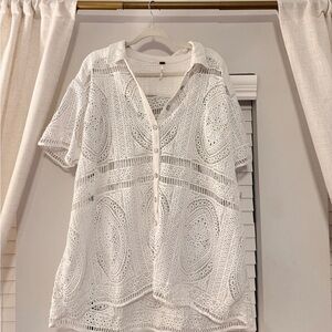Free People White Crochet Button-Up Swim Coverup